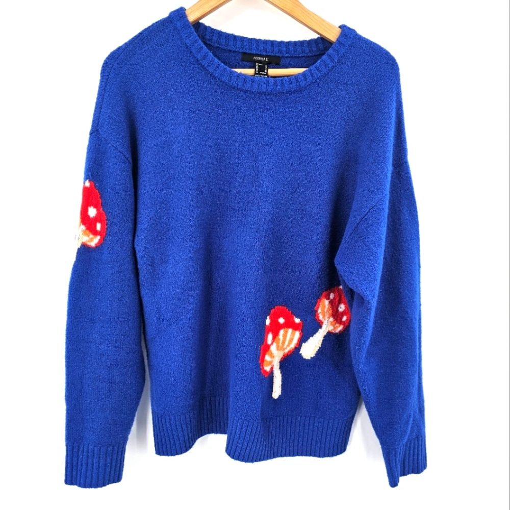 Forever 21 Royal Blue Sweater with Red Mushroom Motif